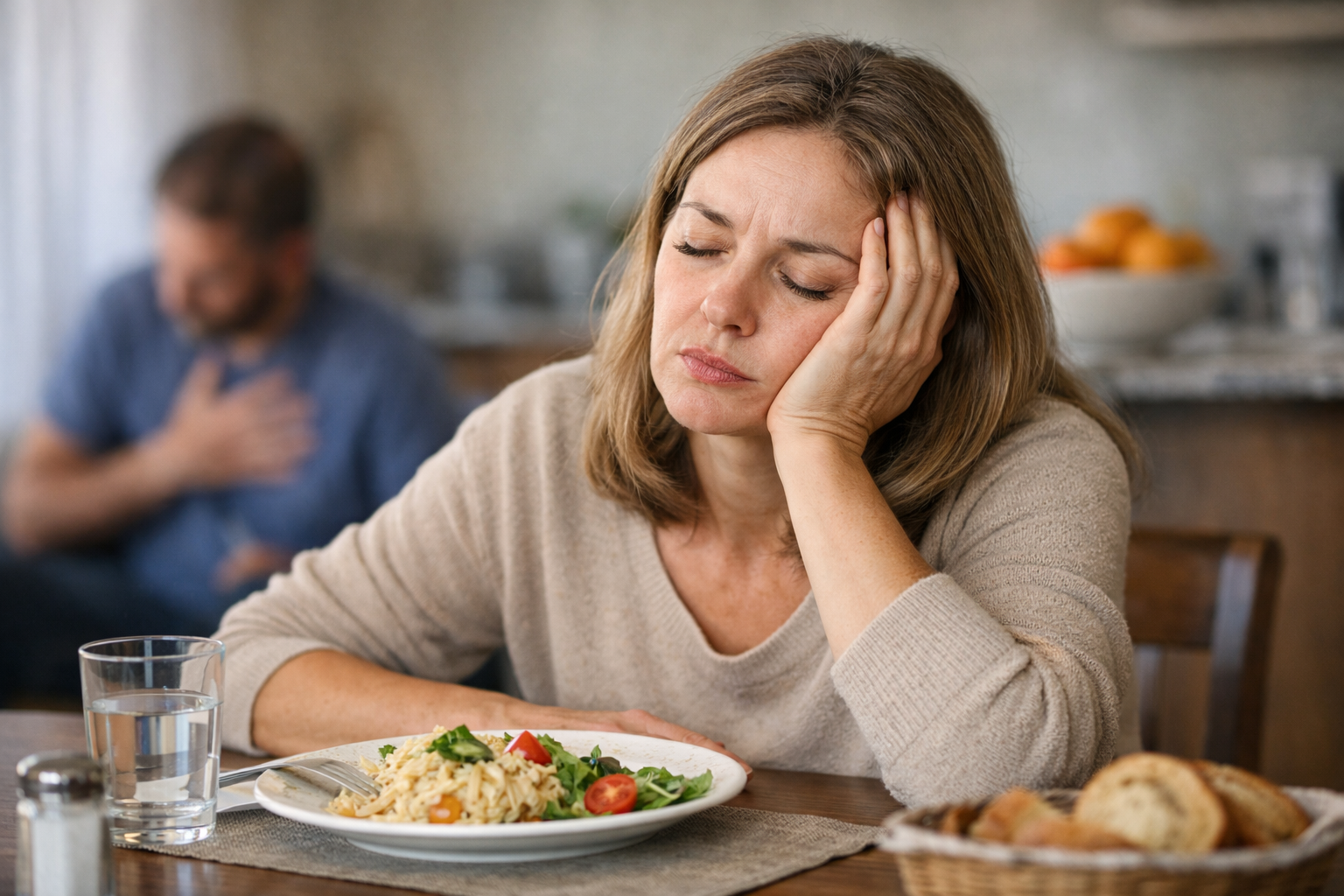 Femme fatiguée après un repas, ressentant somnolence, sueurs et vertiges – fatigue après manger